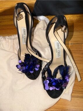 Jimmy Choo Black Heels with Purple Sequin & Feather Embellishment
